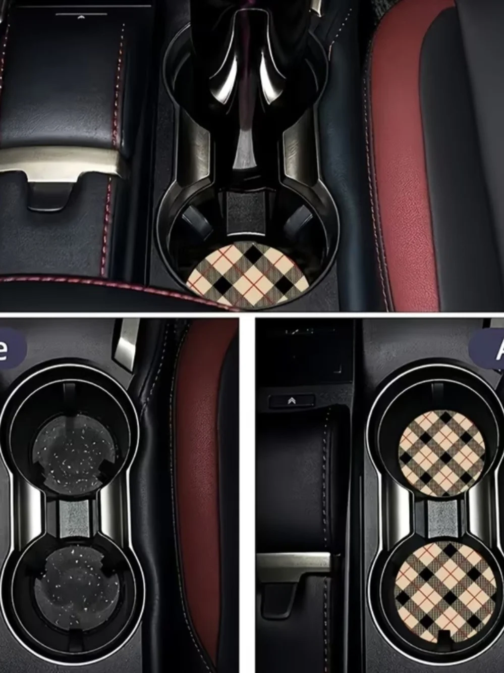 Plaid Car Cup Holder (2) Coasters - Tan & Black Plaid